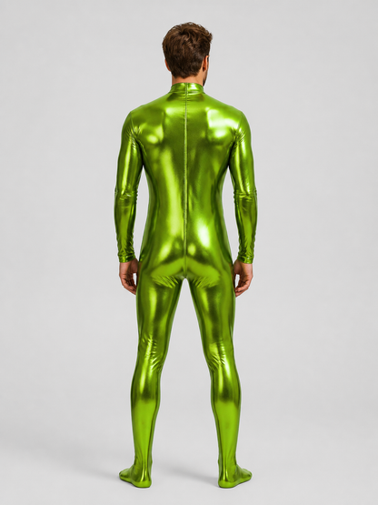 Shiny Green Form-Fitting Jumpsuit with Zipper for the Stage back view