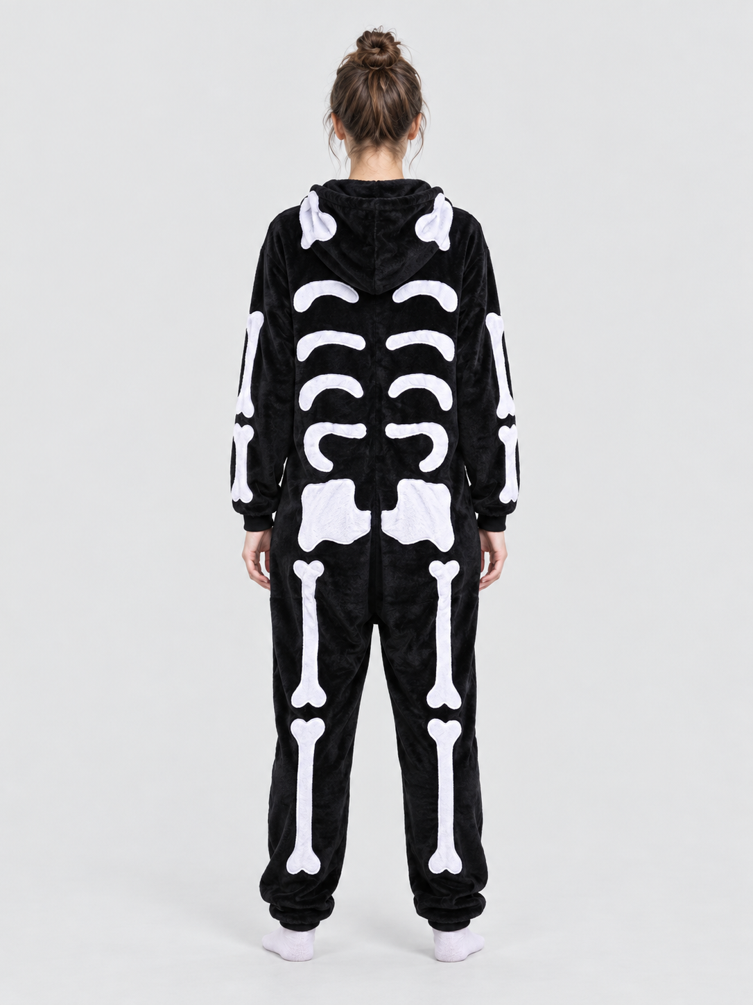 Black Hooded Pajama Jumpsuit with Bone Print