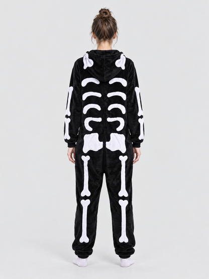 Black Hooded Pajama Jumpsuit with Bone Print