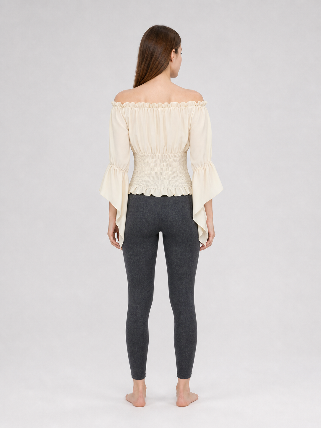 Off-the-Shoulder Lace-Up Blouse, Beige