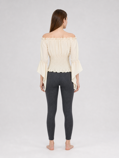 Off-the-Shoulder Lace-Up Blouse, Beige
