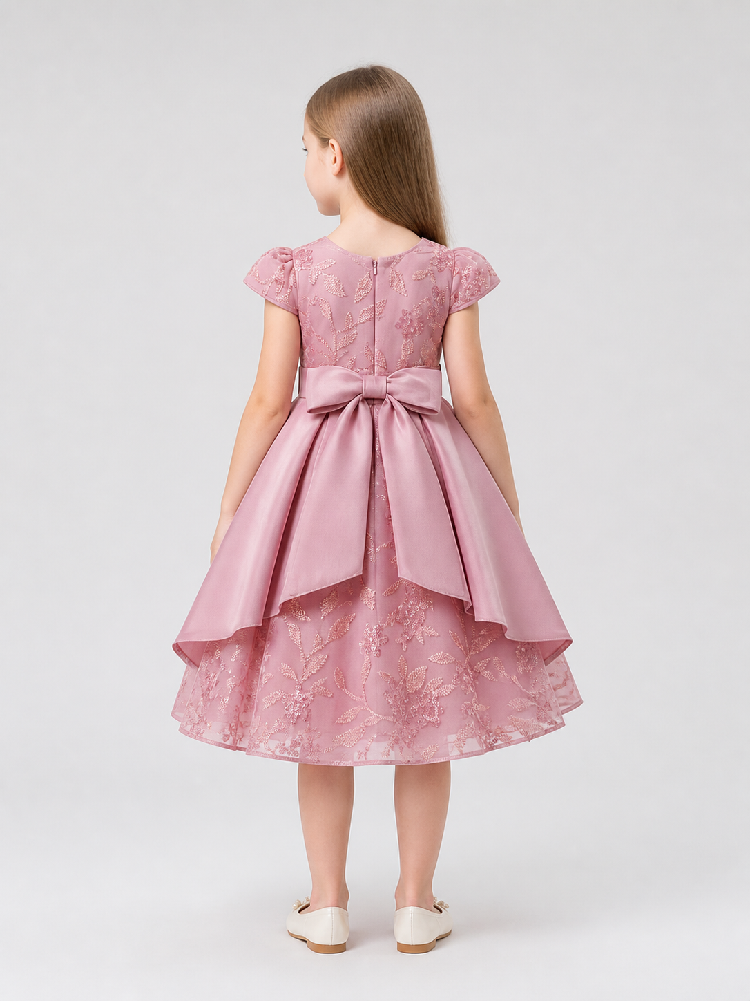 Girls' dressy dress with sequins and a satin bow back view