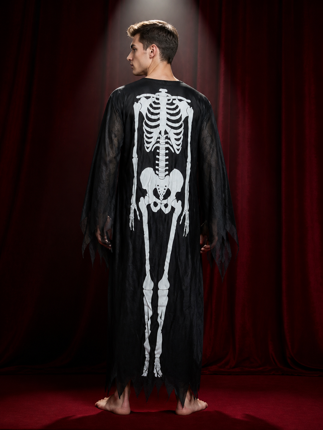 Skeleton Jumpsuit Costume, Long Black And White Draped-Sleeve Halloween Outfit back view