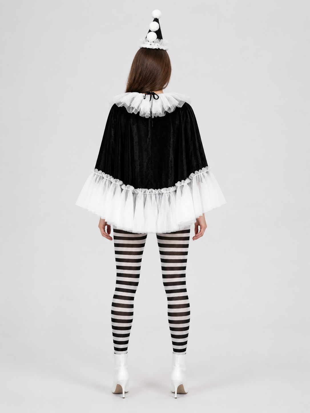 Black and White Carnival Cape with Pom-Poms back view