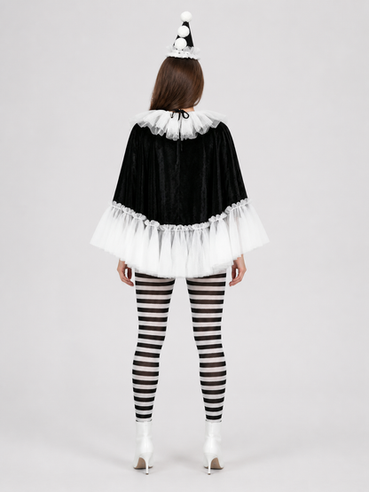 Black and White Carnival Cape with Pom-Poms back view