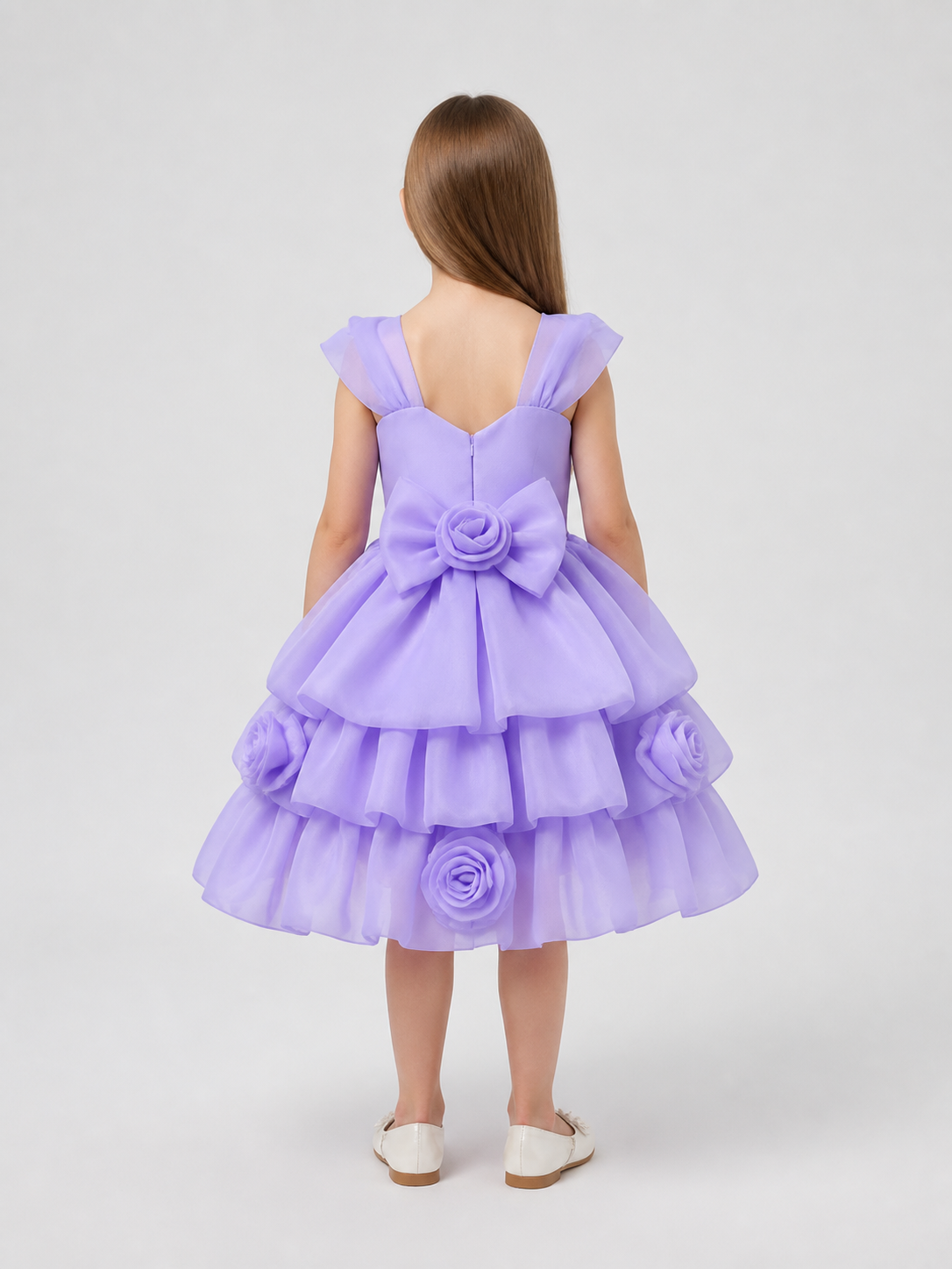 Purple Dress with Full Skirt, Bow, and Roses back view