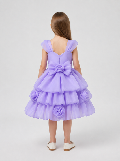 Purple Dress with Full Skirt, Bow, and Roses back view