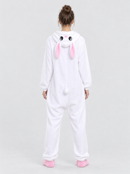 Flannel Pajama Jumpsuit, White with Animal Hood