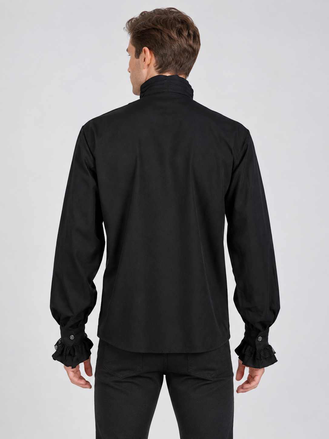 Black Gothic-Style Shirt with High Collar and Ruffles