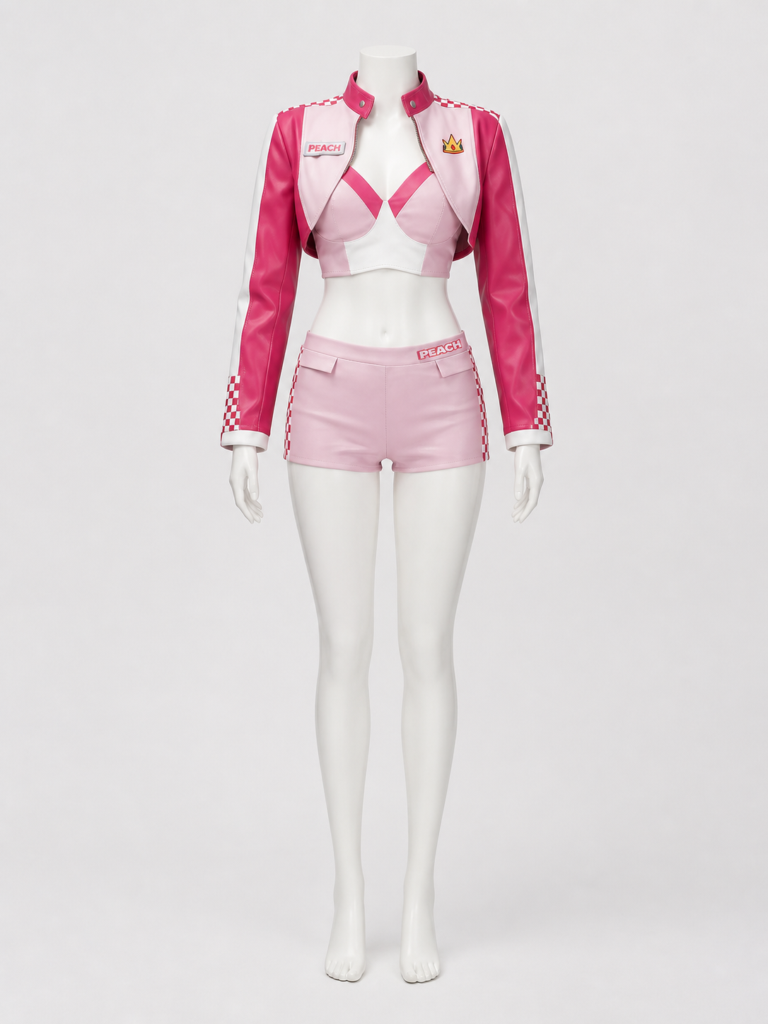 Women's Princess Peach Checkered Racing Suit Cosplay Costume Set back view
