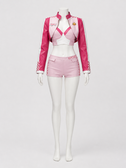 Women's Princess Peach Checkered Racing Suit Cosplay Costume Set back view