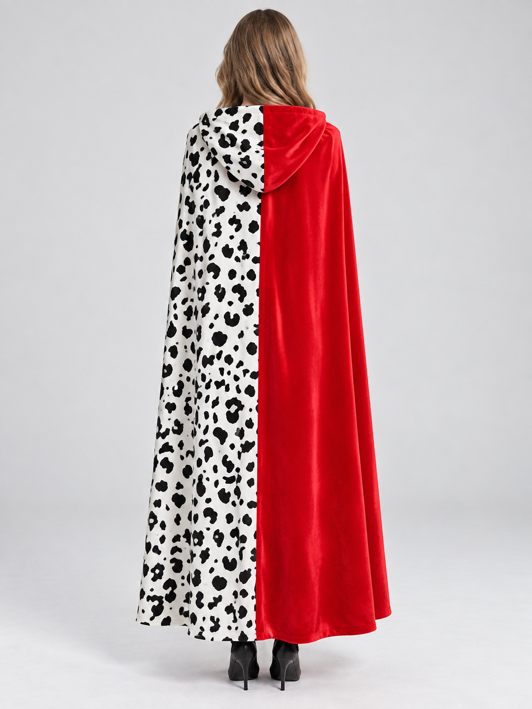 Hooded Cape Cloak, Black-and-White Print, Red Ties