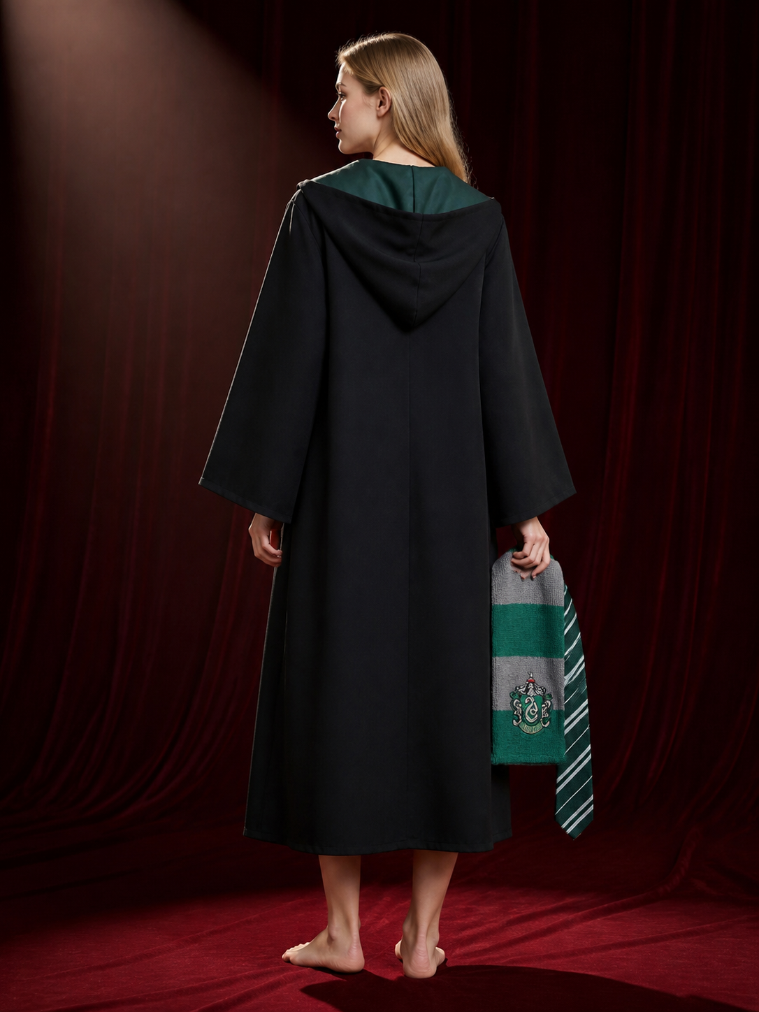 Snake House Wizard Costume Set, Hooded Robe With Striped Tie And Scarf back view