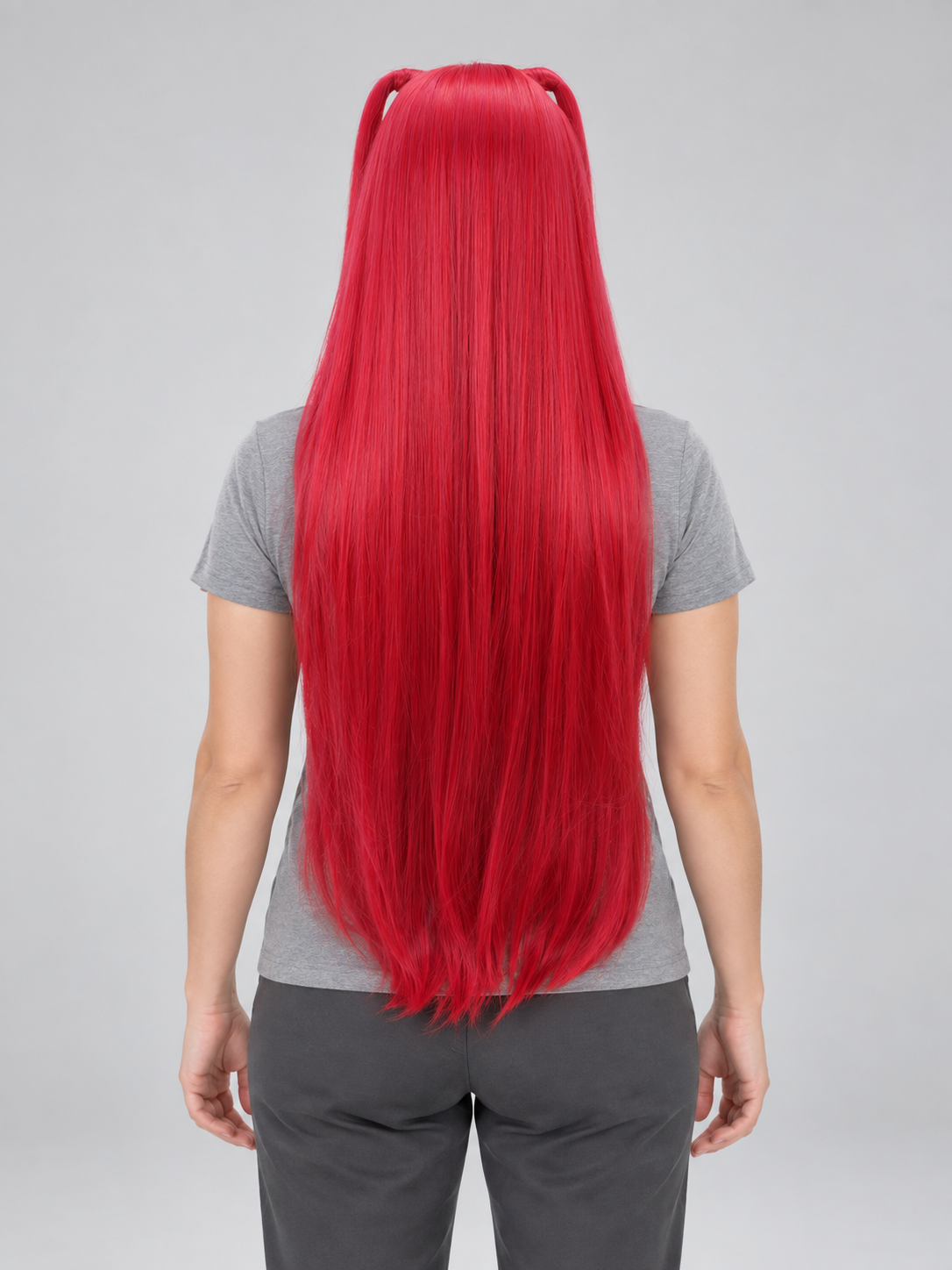 Bright Red Long Cosplay Wig with Bangs and Buns