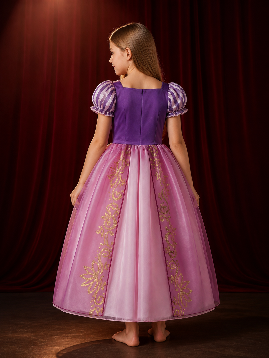 Kids Princess Costume Dress, Purple and Pink Puffed Sleeve Halloween Outfit back view
