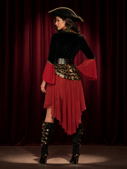 Women's Red and Black Pirate Halloween Costume Set, Lace-Up Top with Skull Print back view