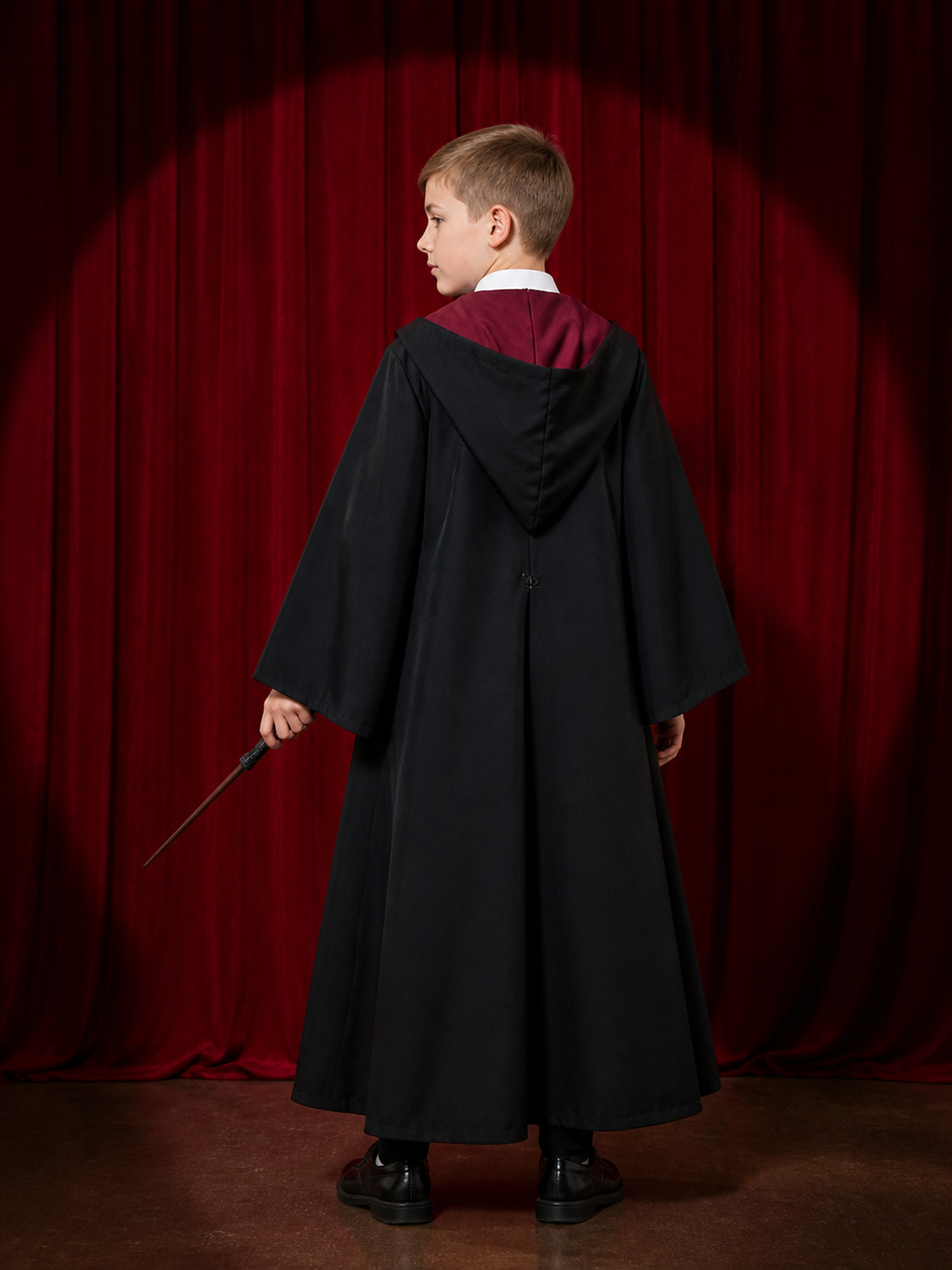 Wizard Robe Costume Set with Magic Wand, Black Academic-Style Cloak back view