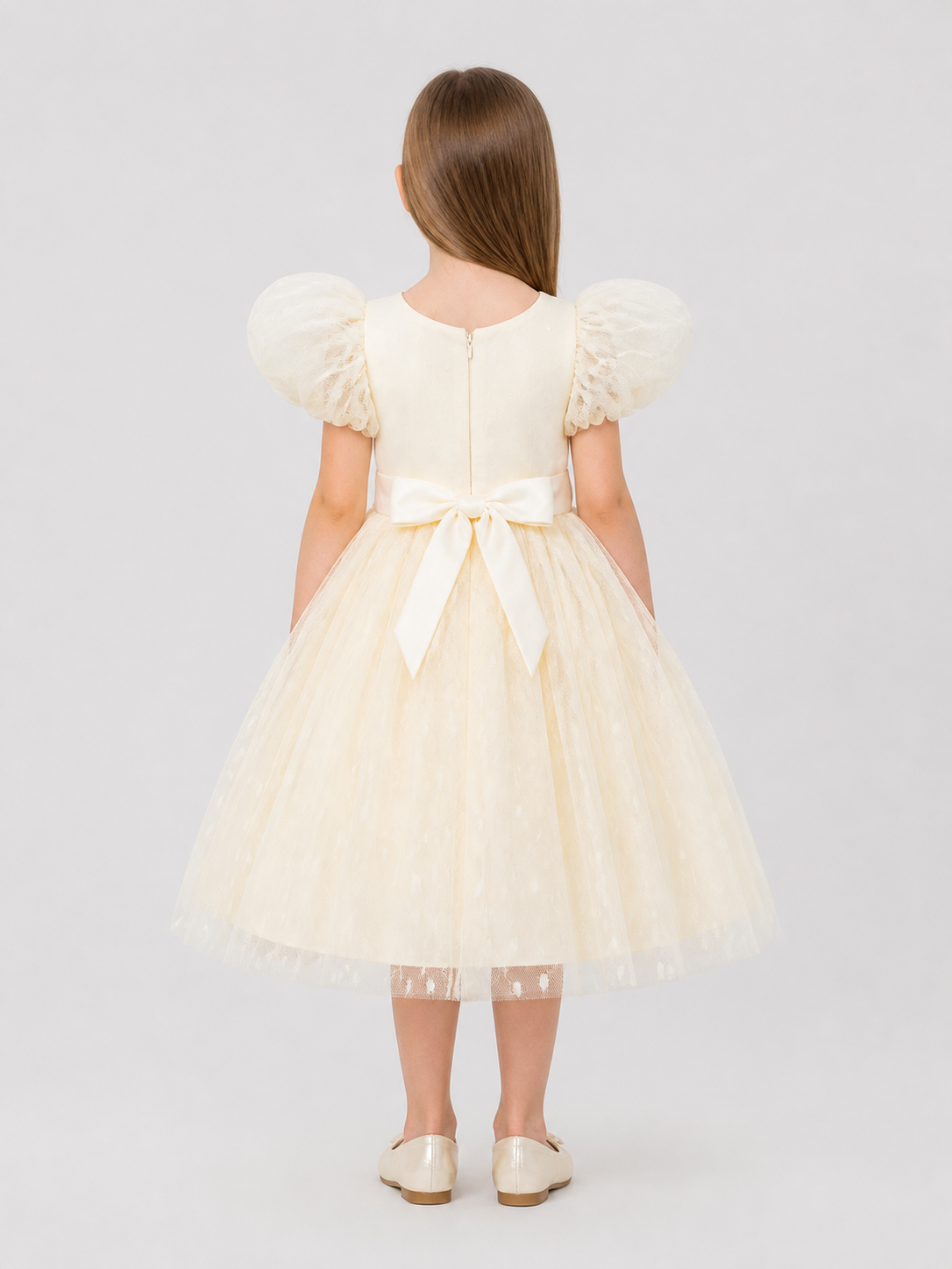 Princess Dress with Puff Sleeves and Tulle Skirt back view
