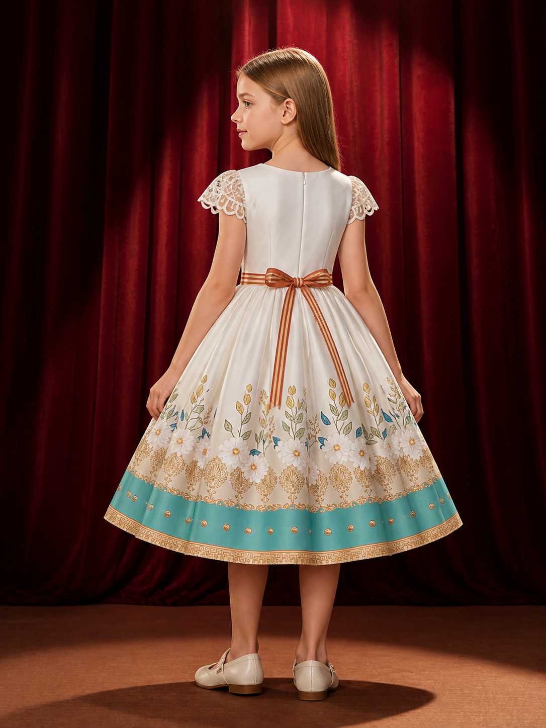 Toddler Girls' Princess Dress With Floral Print, Bow Detail and Puff Sleeves back view