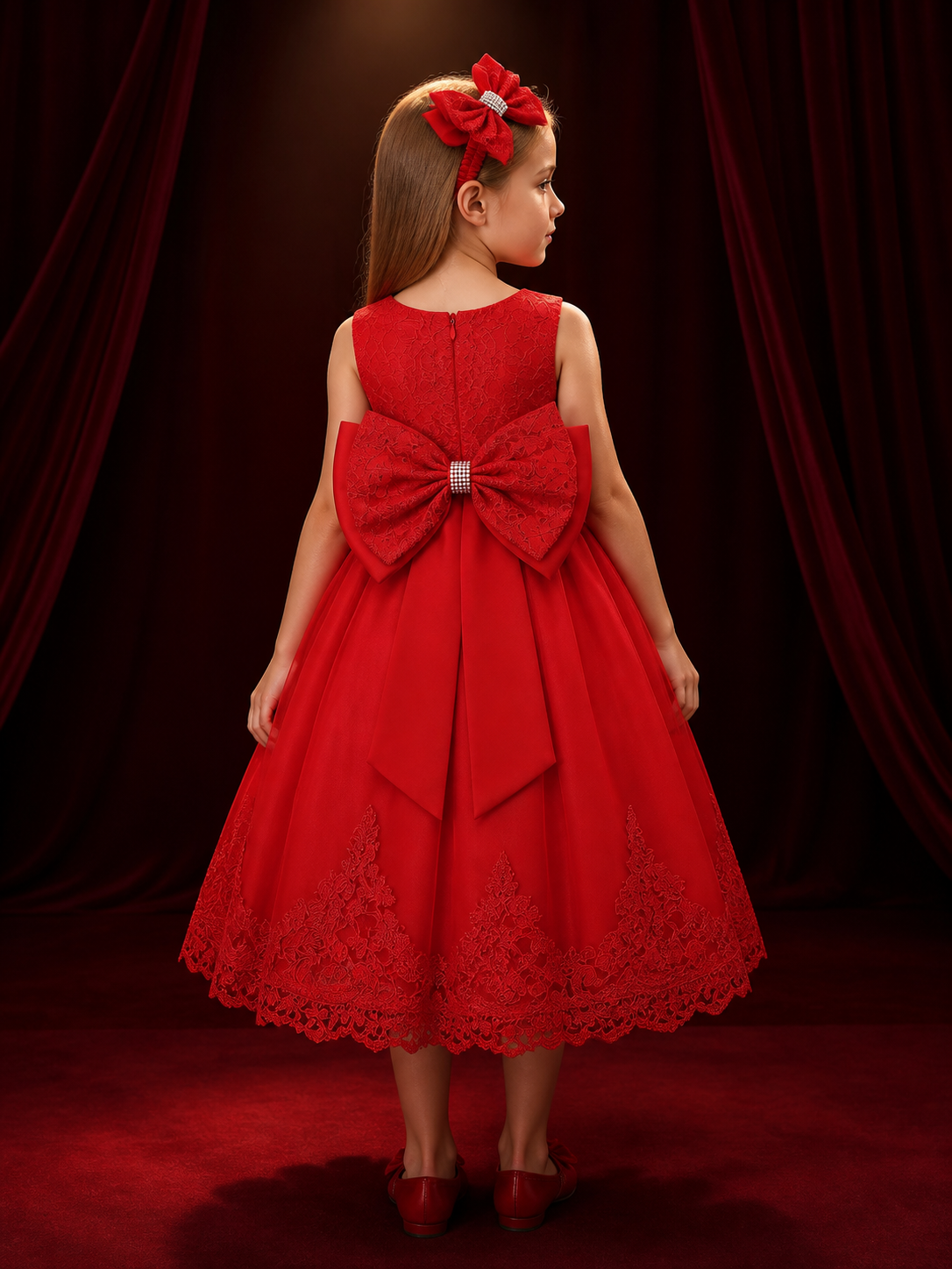 Girls' Red Lace Princess Dress with Oversized Bow and Headpiece, Sleeveless Mesh back view