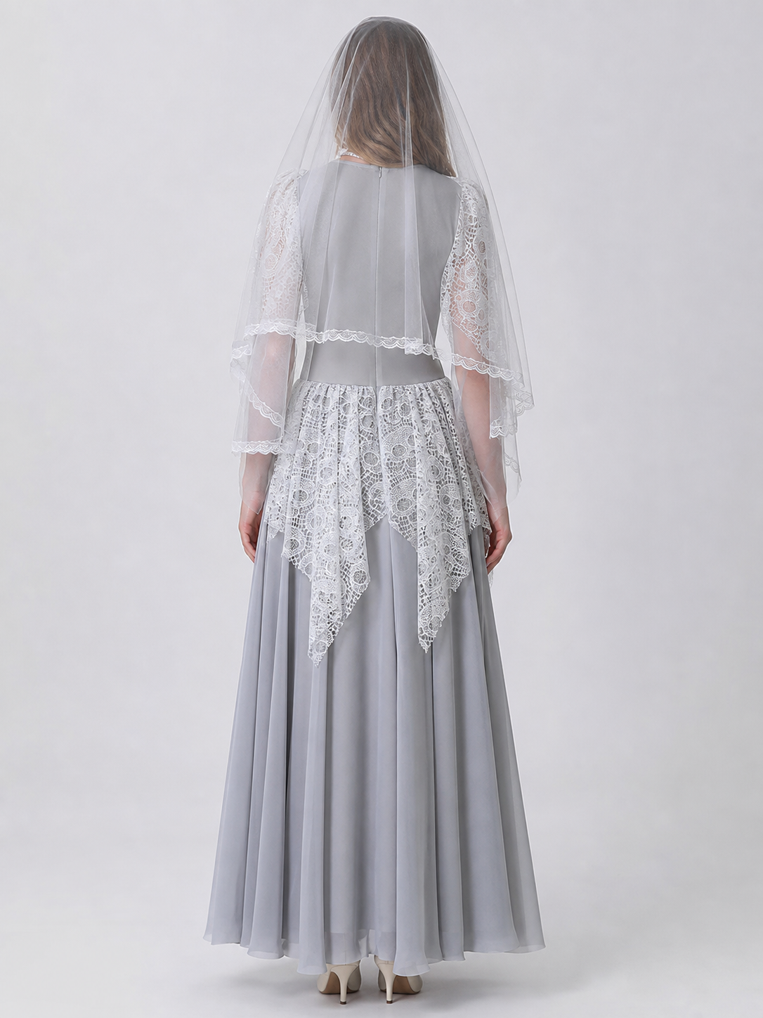 A retro court-inspired costume featuring a gray floor-length dress with white lace details and a veil. The design has a round neckline, long sleeves, a fitted bodice, and a flared skirt. White lace overlay appears on the sleeves and lower p