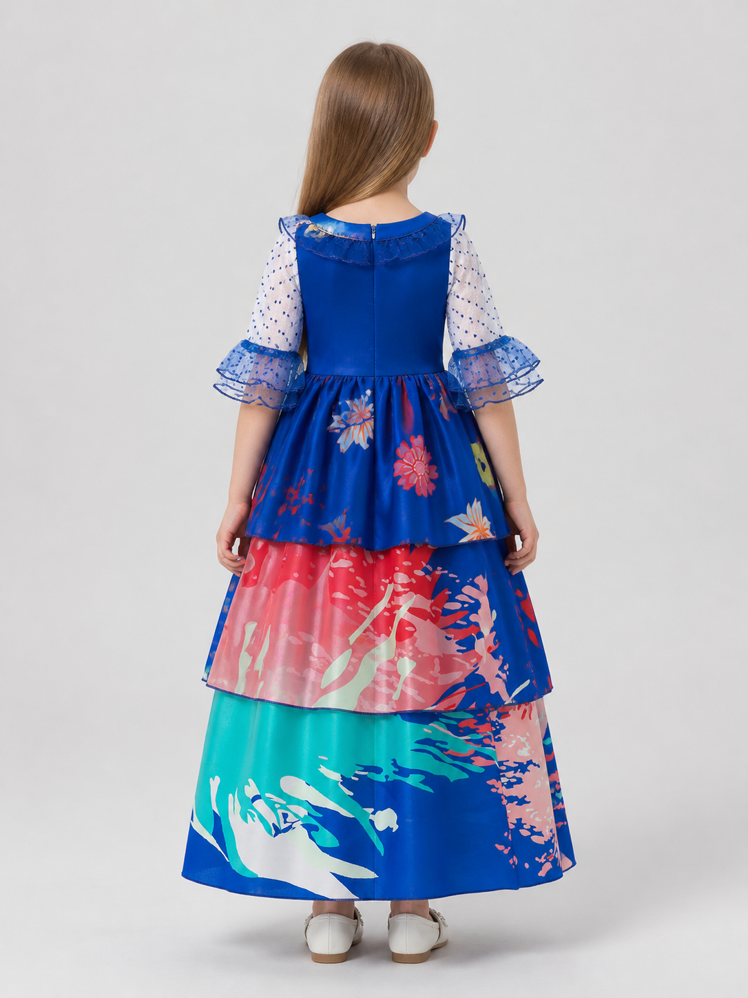 Children's cosplay dress with a full skirt and ruffles back view