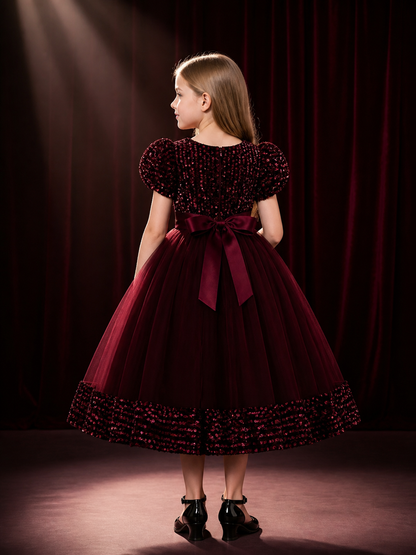 Girls' Burgundy Sequin Tulle Princess Ball Gown Dress With 3D Rose Flowers and back view