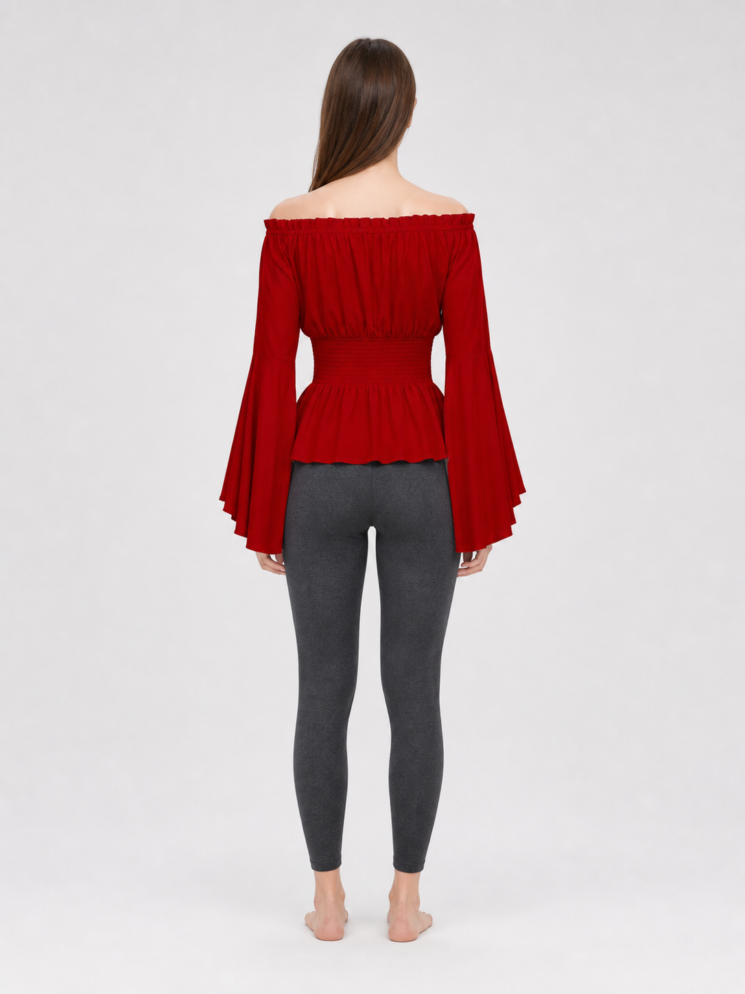 Long-Sleeve Peplum Blouse, Deep Red