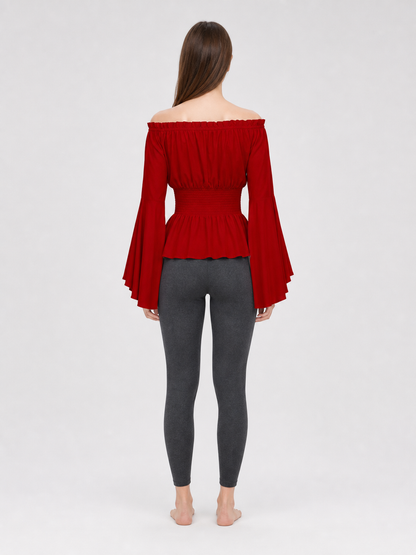 Long-Sleeve Peplum Blouse, Deep Red