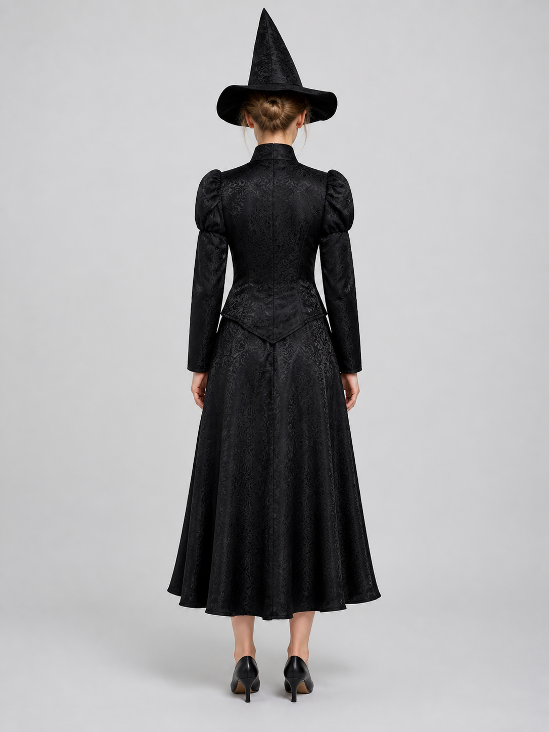 Black Elphaba Costume with Pointed Hat and Puff Sleeves back view