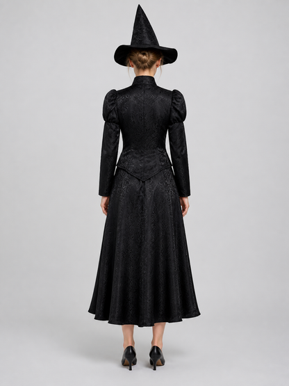 Black Elphaba Costume with Pointed Hat and Puff Sleeves back view