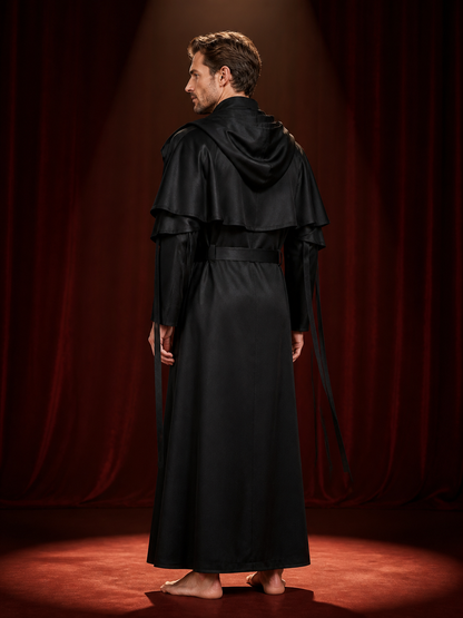 Black Hooded Wizard Robe Costume Set with Layered Shoulders and Belt back view