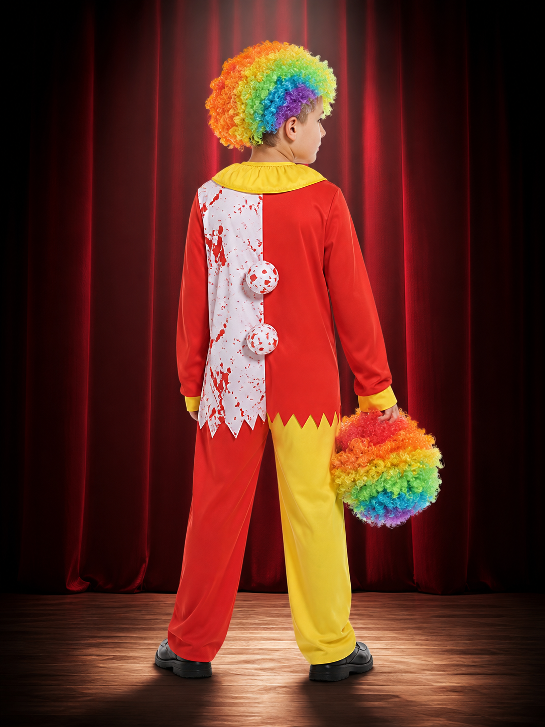 Kids' Clown Costume Jumpsuit Set with Rainbow Afro Wig, Colorful Halloween back view