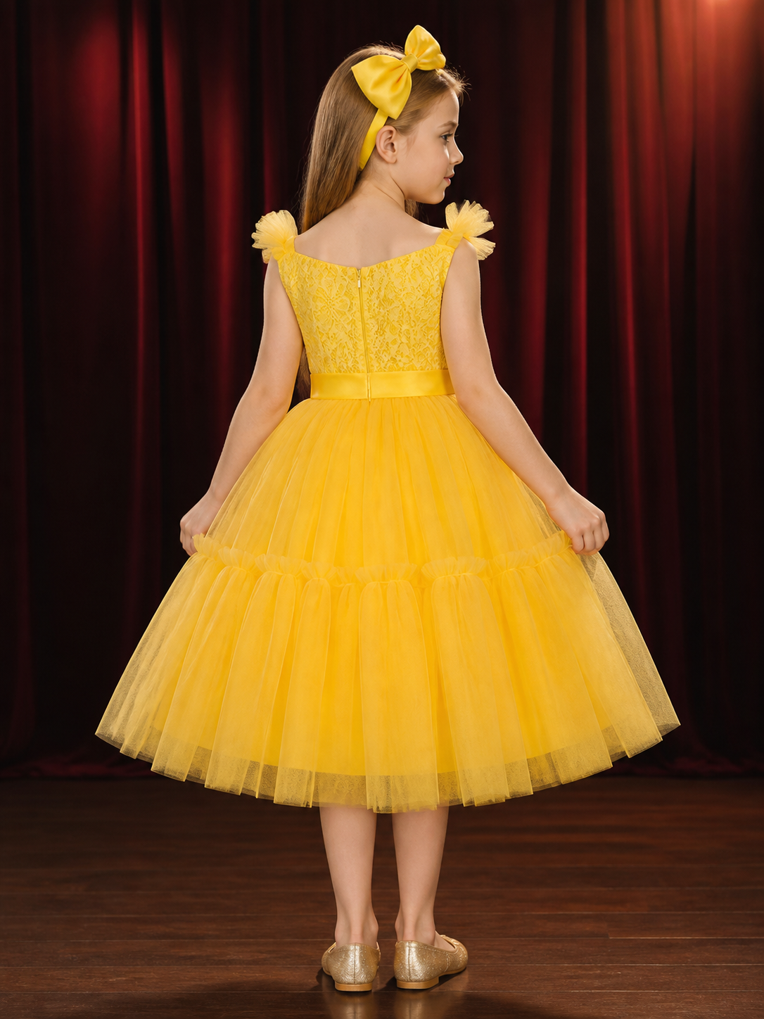 Toddler Girls' Yellow Princess Dress with Lace Bodice, Layered Tulle Skirt and back view
