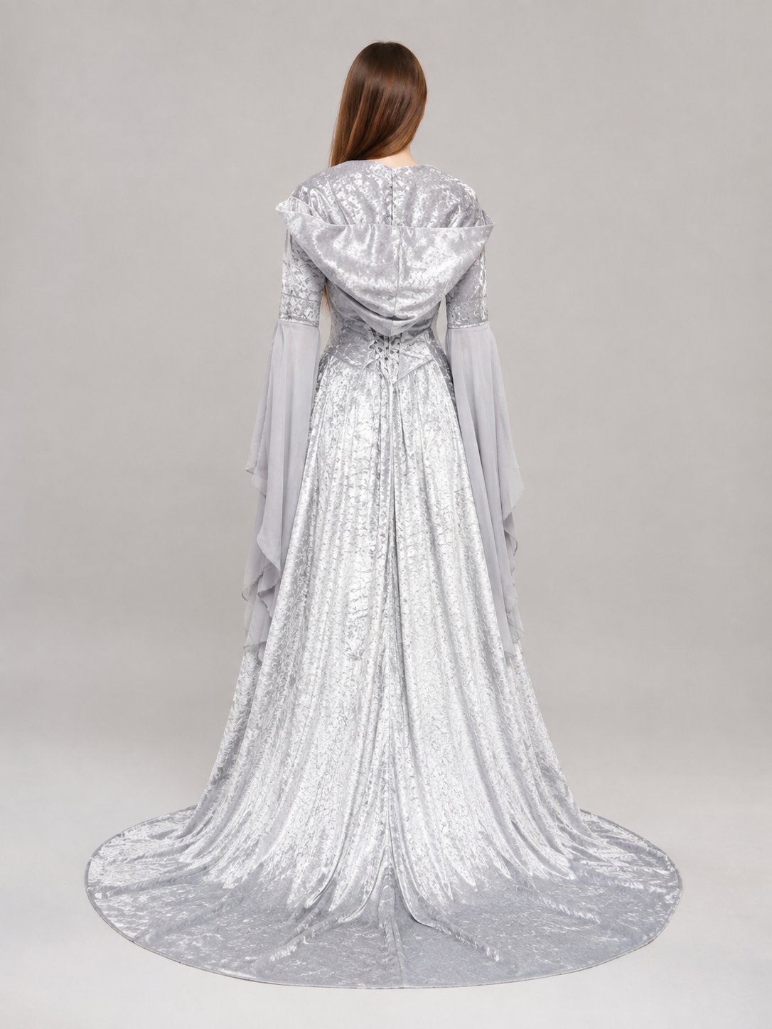 Medieval Gray Hooded Dress with Train back view