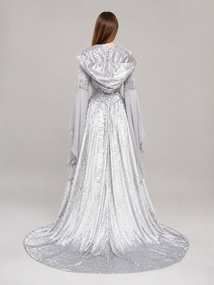 Medieval Gray Hooded Dress with Train back view