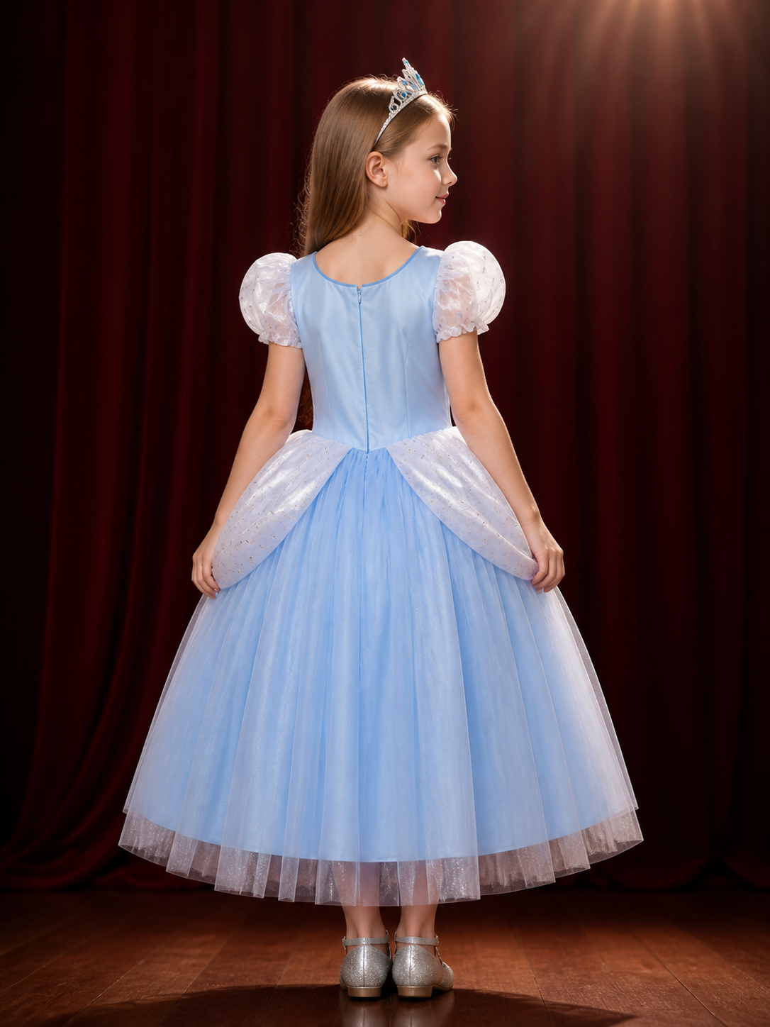 Girls Cinderella Princess Dress Costume with Crown, Puffy Sleeves and Tutu Skirt back view