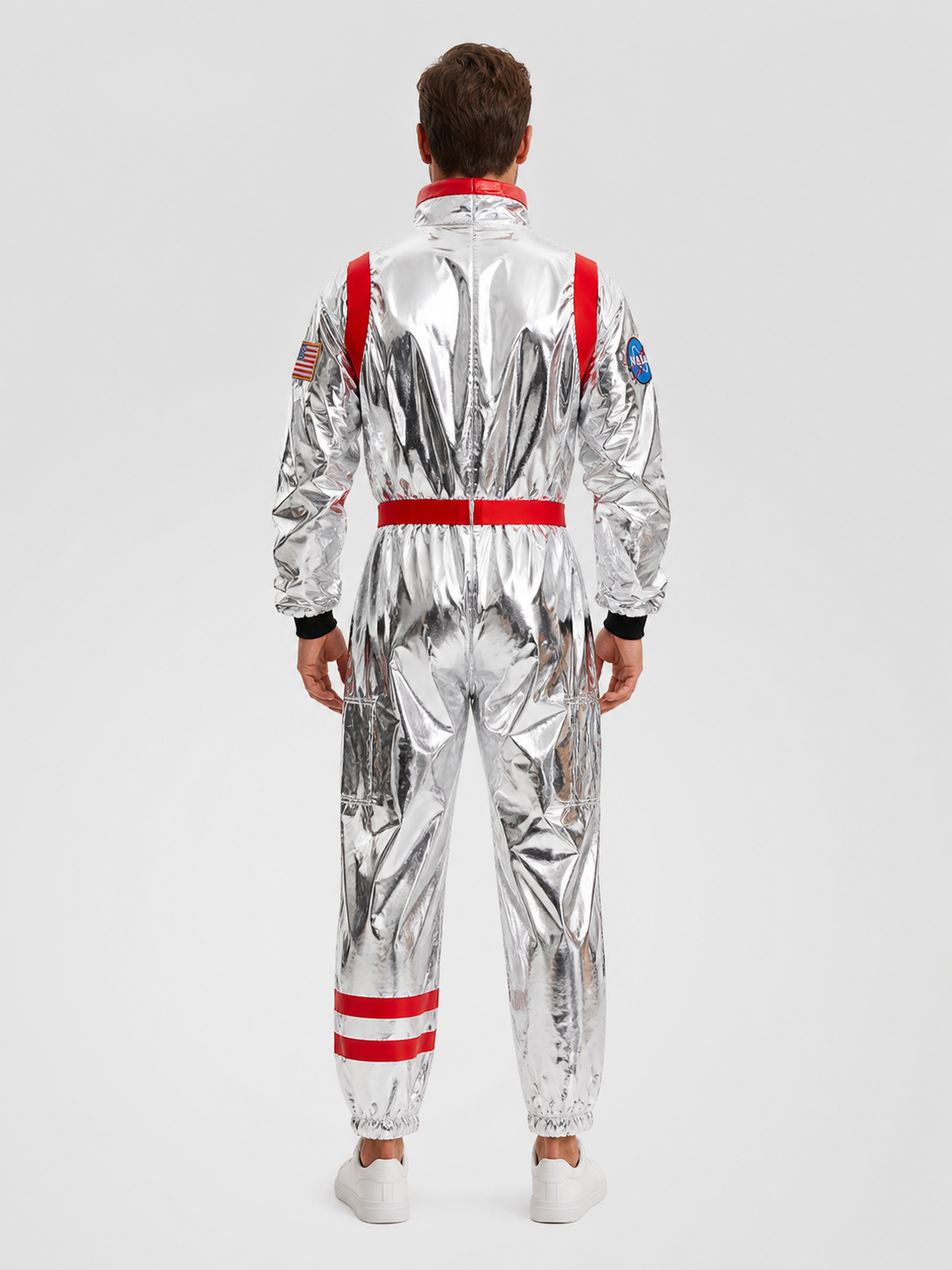 Astronaut Costume, Silver Jumpsuit with Patches back view