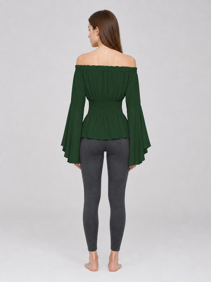 Dark Green Off-the-Shoulder Peplum Blouse