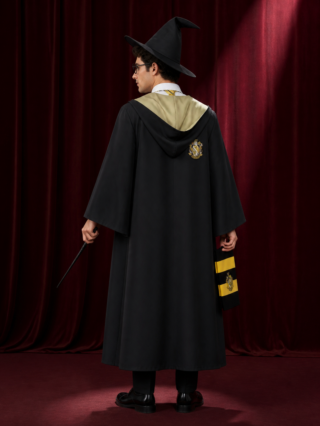 Black and Yellow Wizard Costume Set with Hooded Robe, Hat, Tie, Glasses and Wand back view
