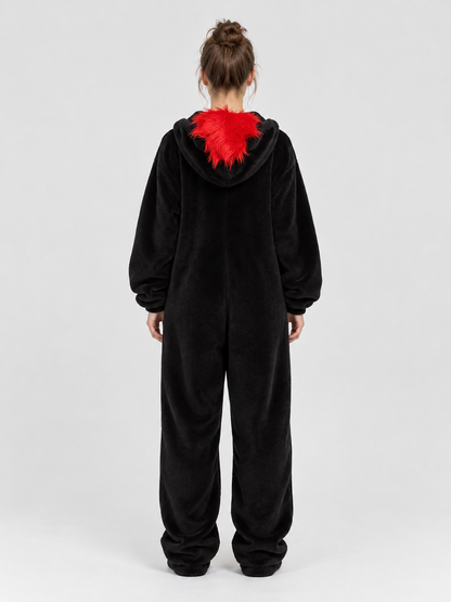Black One-Piece Pajama Jumpsuit with Cartoon Monster