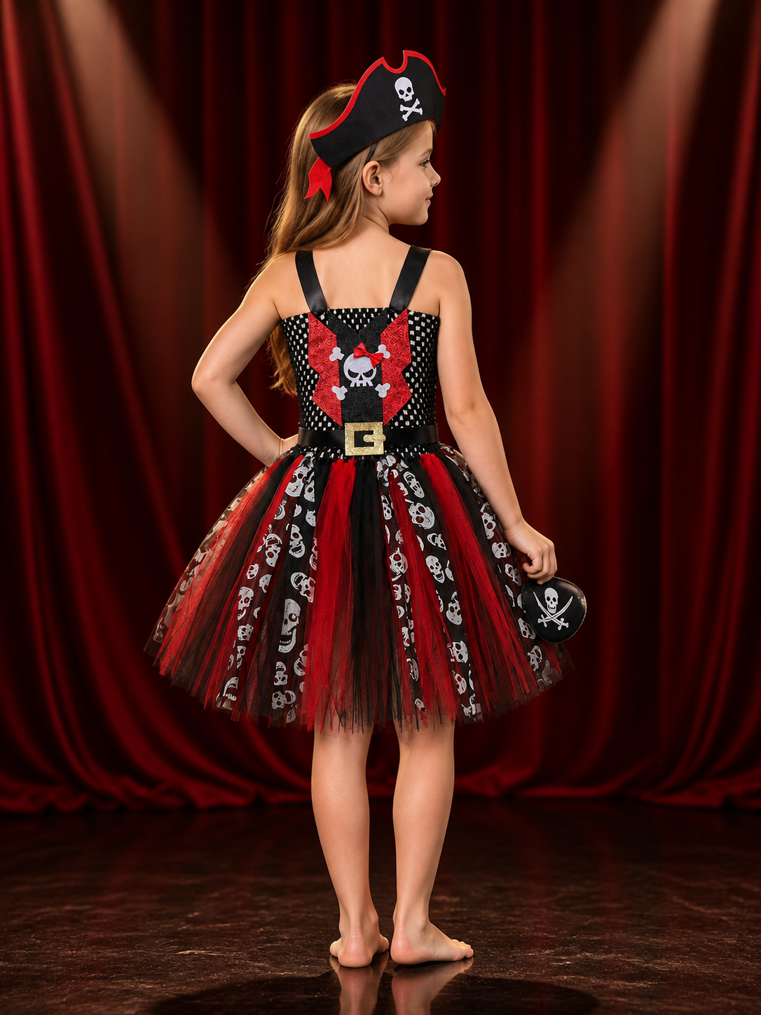 Kids Pirate Princess Dress Costume with Skull Pattern & Hat, Halloween Fancy back view