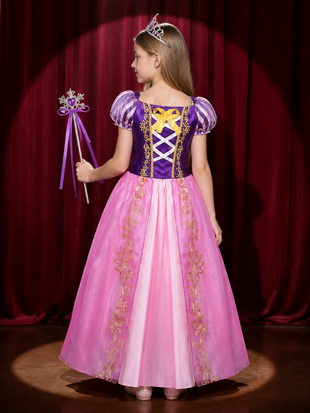 Kids Princess Costume Dress Set with Crown and Magic Wand, Pink Purple Gown back view