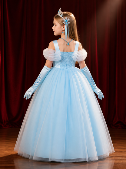 Girls' Cinderella Princess Costume Dress Set with Crown, Jewelry and Gloves back view
