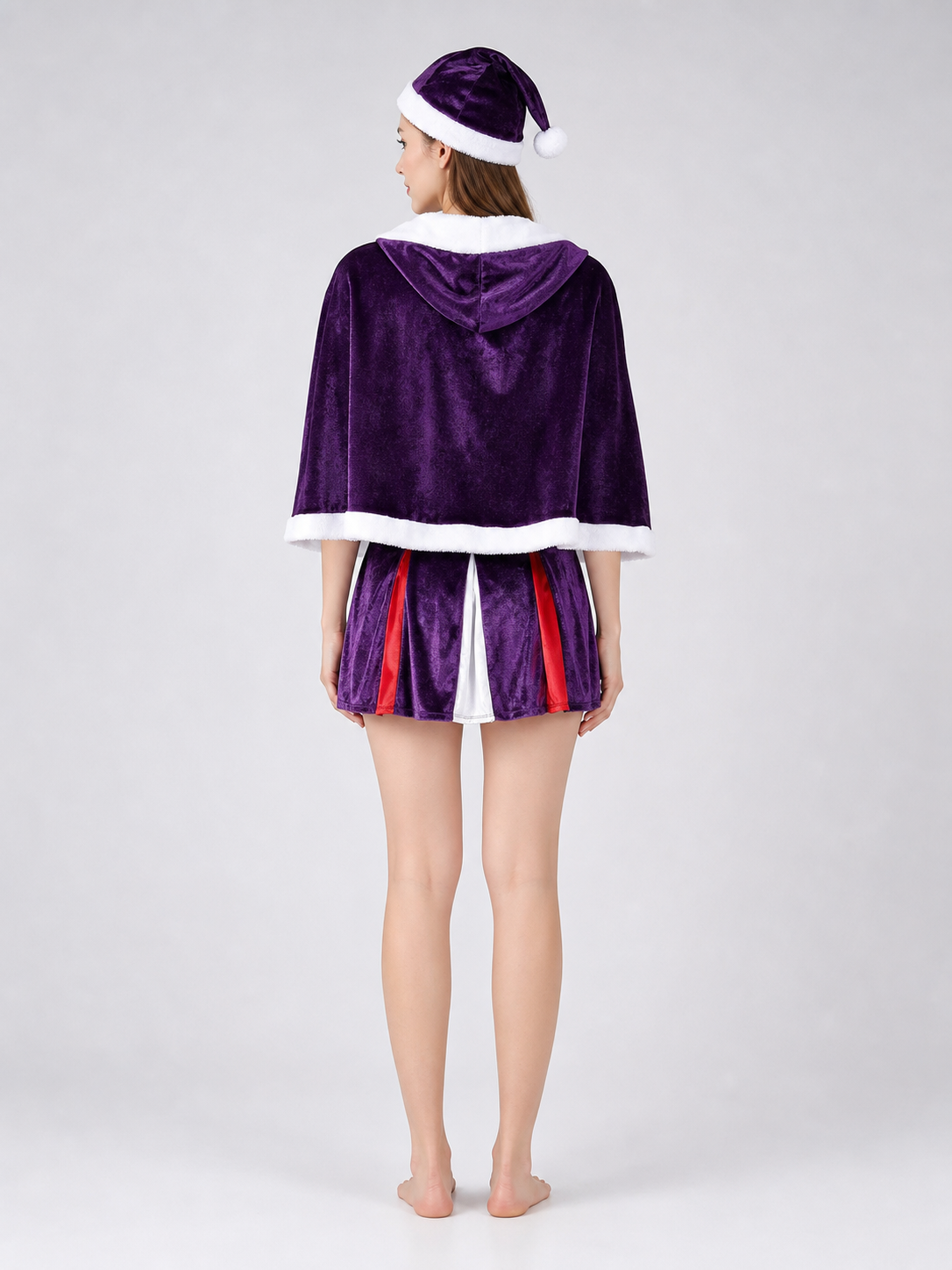 Purple Christmas costume with dress and cape back view