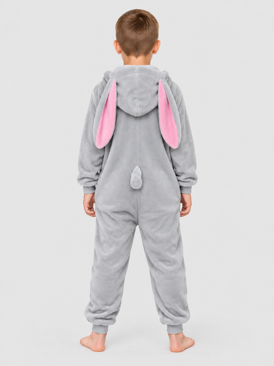 Gray and white hooded pajama jumpsuit with rabbit ears