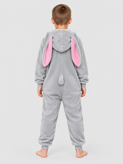 Gray and white hooded pajama jumpsuit with rabbit ears