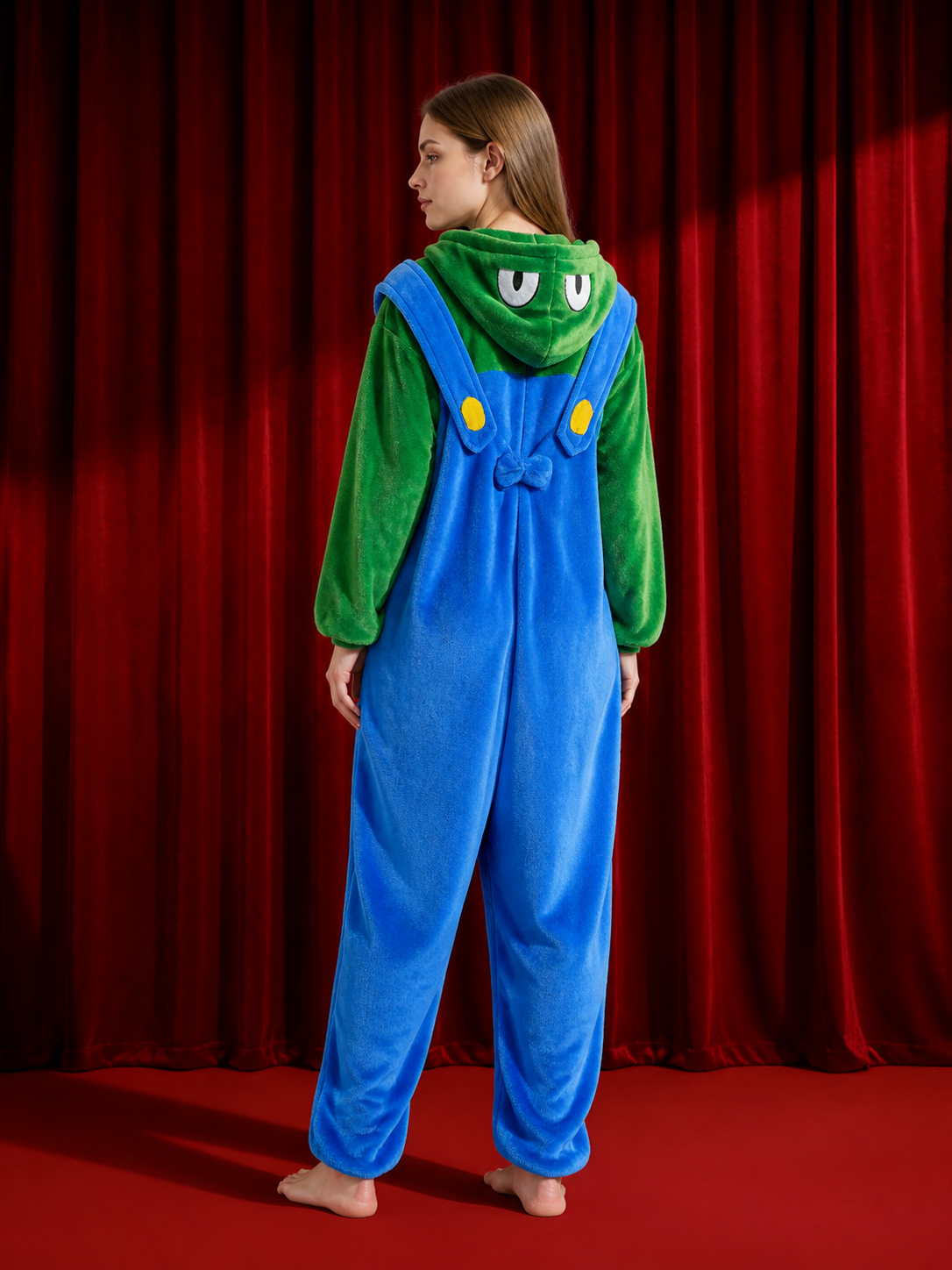Blue And Green Hooded Cartoon Animal Jumpsuit Costume With Yellow Chest Details back view