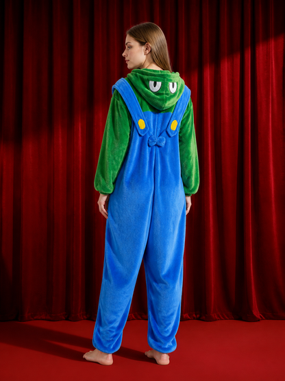 Blue And Green Hooded Cartoon Animal Jumpsuit Costume With Yellow Chest Details back view