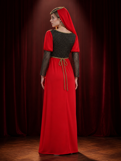 Red Princess Costume Dress with Headpiece, Mesh and Gold Trim for Halloween back view